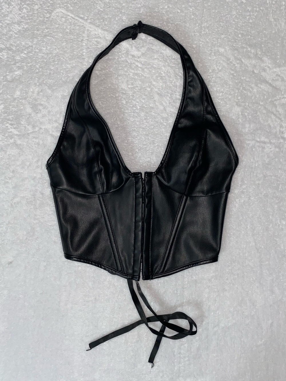 Black Faux Leather Halter Corset Top - XS